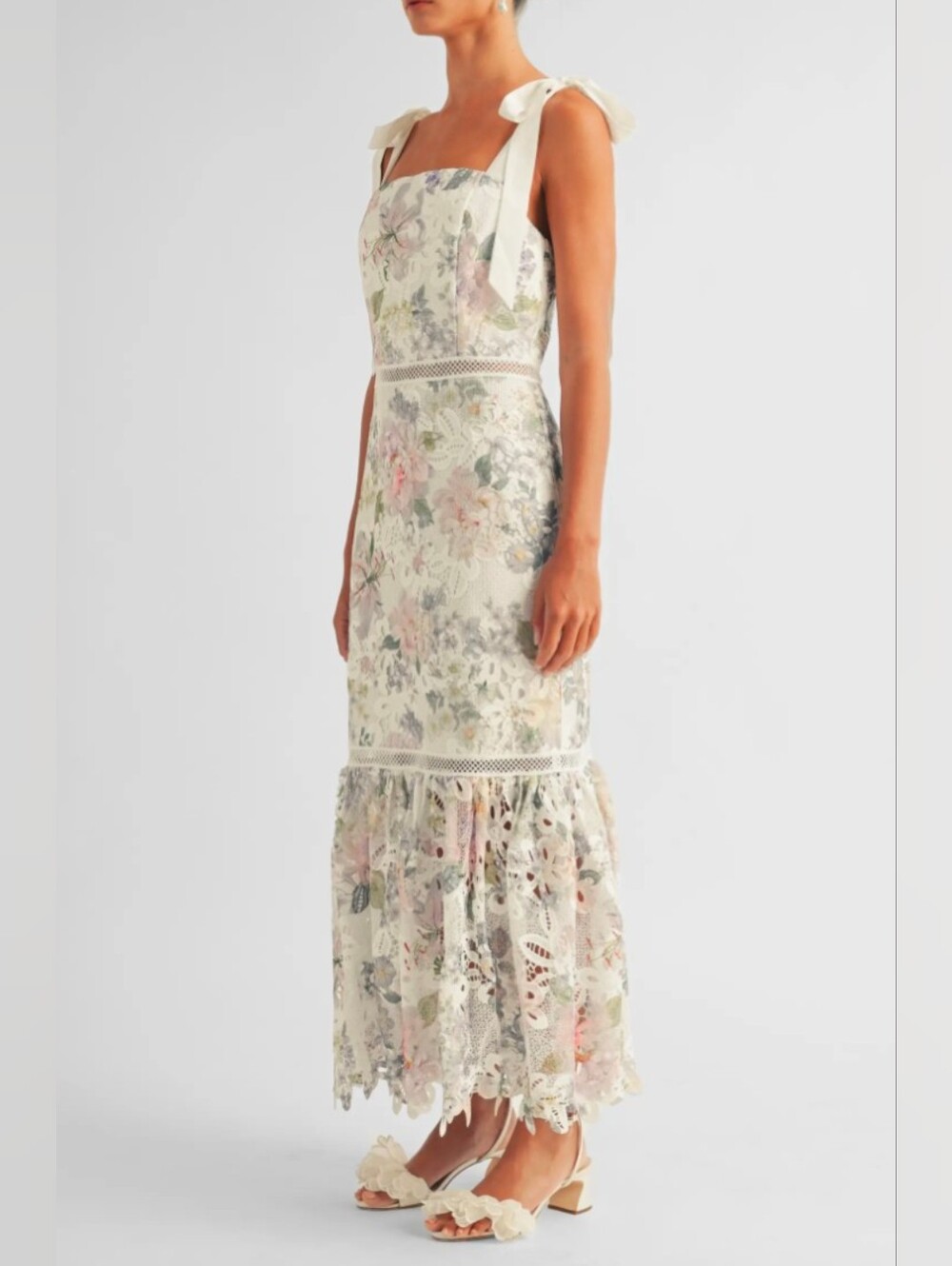 Arose Studio Madison Floral Lace Tie Strap Sleeveless Midi Dress - Size S